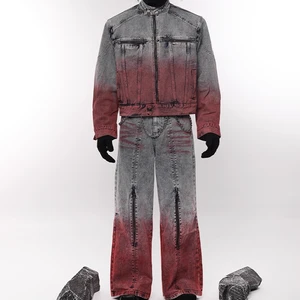 Customized Washed Denim Jackets Streetwear Hand Painted Men Jeans Vintage Y2K Gradient Color Outwear Set