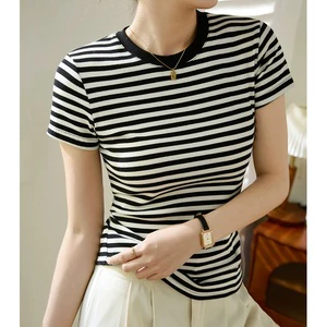 High Quality Women Summer Top Comfortable Cotton Blend Blouses O-neck Short Sleeve Lady Casual Striped Print T-shirt