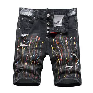Men's Black Stonewashed Denim Shorts with Embroidery and Rivet Decoration Hip Hop Style High Street Utility for Spring