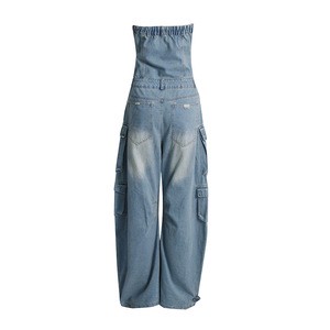 The New Chic Street Style Topless Waist Slimming Hottie Multi-pocket Denim Overalls Jumpsuit