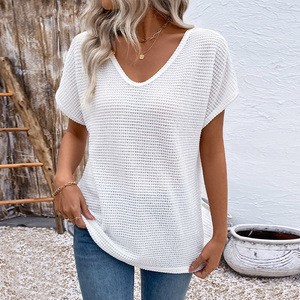Summer Women's Casual Tops V-Neck Butterfly Sleeve Knitted Anti-Pilling White T-Shirt Loose Fit