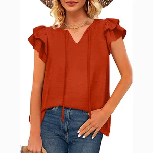 Casual Solid Color V Neck Ruffles Sleeve Tee Shirt Top Loose Tops Tshirt Summer Women Clothing
