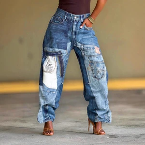BR5814 Patchwork Printed Women's Jeans Casual Mid Waist Loose Fit Denim New Straight