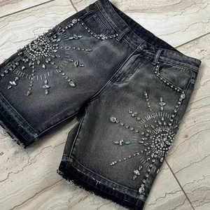 MZN Custom Men's Summer Casual Hip Hop Woven Mid Rise Heavyweight Denim Shorts with Crystal Diamonds Vintage Baggy Style