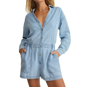 V Neck Summer Wear Romper With Pockets Elastic Waist Long Sleeve Custom Print Chambray Denim Romper