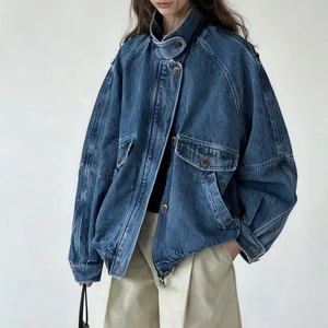 AIMEISI Casual Retro Washed Stand Collar Jean Jackets Single-Breasted Zipper Loose Women's Denim Jacket