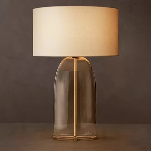 Blom Clear Glass Table Lamp Natural Linen Shade Industrial Steel Base Bedside Lamp for Living Room Lighting Decoration Home