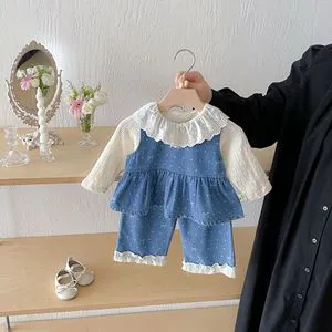 2026 Girls' Spring And Autumn Suit New Style Korean Style Baby Denim Sleeveless Vest Pants Base Shirt Two-piece Set