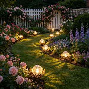 Hollow Metal Lotus Flower Solar Light Crackle Glass Ball Garden Lamp Waterproof Outdoor Decoration For Lawn Patio Yard