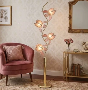 Living Room Modern Iron LED E27 Decorative Lighting Elegant Standing Light with Pink Luxury Lotus Flower Floor Lamp