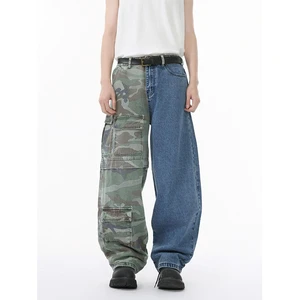 Fashion Washed Camouflage Stitching Blue Denim High Quality Pocket Design Custom Men's Casual Loose Trousers
