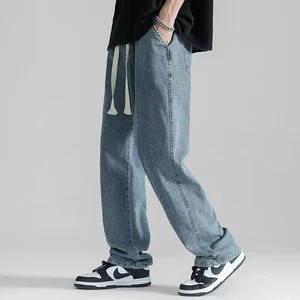 Oem customized straight jeans men's summer new thin style trendy loose drooping wide leg drape mopping trousers casual pants