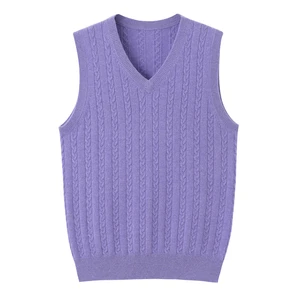Women's Wool Cashmere Cable Knit Solid Classic V-neck Sleeveless Pullover Sweater Vest Top