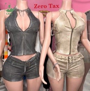 Hot Denim 2 Piece Sets Womens Clothes Casual Sleeveless Zipper Top and Shorts Suit Streetwear Jeans Two Piece Short Set for Lady