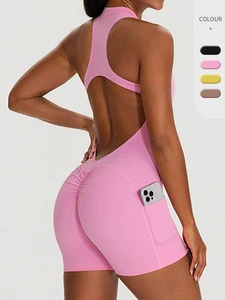 Jumpsuit European Style Custom Logo Women Hollow Back One Piece Yoga Suit Built in Pads Peach Hip Fitness With Pockets