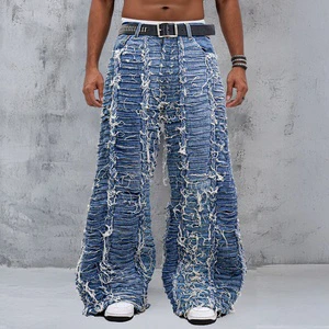 Custom Men's Street Wear Denim Jeans Cut Sew High Quality Plus Size Blue Straight Distressed Baggy Wide Leg Jeans for Men