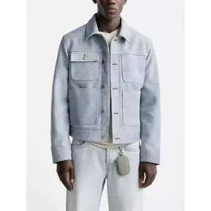 Custom Men's Winter New Style Windproof Faux Denim Jacket Washed High Street Style 4 Pockets Front Logo Turn-down Collar Single