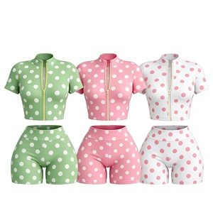 UShine Custom Dot Printed Set Streetwear Workout Zip Up Short Sleeve Jacket And Shorts 2 Piece Shorts Set Tracksuit For Women