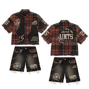 Customized Manufacturer Men's Short Denim Shorts Set Knitted Flannel Design Screen Printed Shirt