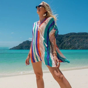 Beach Dress Women Beachwear Bikini Cover Saida De Praia Knitted Bathing Suit Cover Ups Striped Tunic Breathable Polyester/Cotton