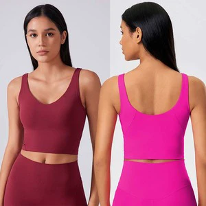 FANCO Classic Sports Tank Tops Women V Neck Sleeveless Athletic Shirt Tank Lulu Slim Fit U Back Gym Padded Crop Top Yoga Bra
