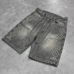 Hot Sale Men's Vintage Washed Denim Board Shorts Zipper Fly Anti-Wrinkle Breathable Quick Dry Eco-Friendly Rhinestone Design