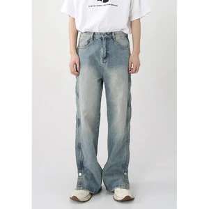 Men's Wholesale Denim Trousers | Straight-Leg Slightly Flared Side Slits Mid Waist Medium Wash Vintage Korean Style