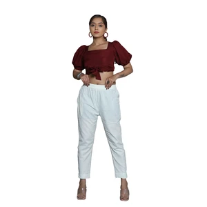 Women's Stylish Modern Outfit Maroon Square Neck Crop Blouse with White Puff Sleeve and Relaxed Fit Pants for Girls