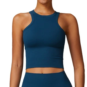 Custom Women Solid Color Seamless Yoga Top Round Neck Tight Backless Sports Yoga Top