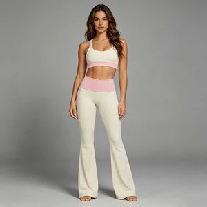 Women High Waisted Yoga Pants Pink Color Block Flare Leggings