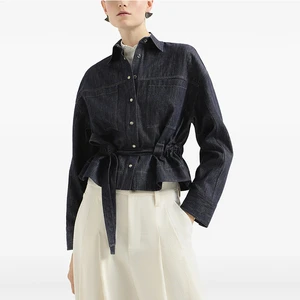 Factory High Quality Women's Dark Wash Denim Jacket Long Sleeve Button Down Belted Waist Casual Jean Coat Fashion Outerwear Top