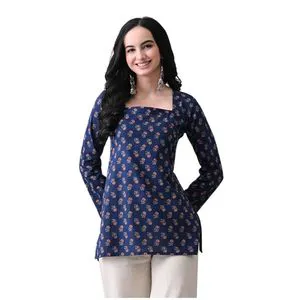 Women's Navy Blue Floral Print Cotton Kurta Square Collar Full Sleeve Casual Top Regular Length