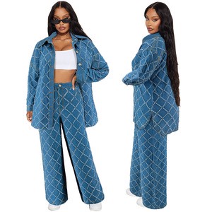 Women's Trending Products New Denim Jean Cardigan Fringed Long Sleeve Coat 2 Piece Jeans Set for Women