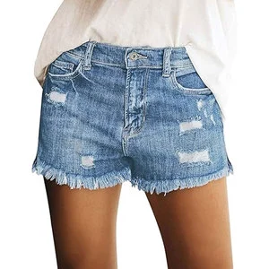 Women's Casual Mid Rise Denim Shorts with Ruffles Stretch Ripped Raw Hem Breathable Hot Shorts for Comfortable Everyday Wear