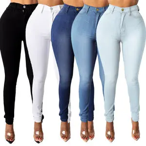 2024 OEM Wholesale Custom Women's Elastic Stretch Jeans High Waist Solid Color Cotton Trousers Casual Skinny Denim Pants