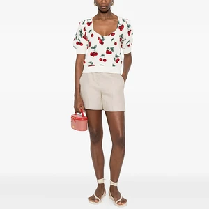 OEM Custom Women's Cherry Print Puff Sleeve Knit Top V-Neck Short Sleeve Sweater Casual Summer Pullover Blouse Knitwear Tops