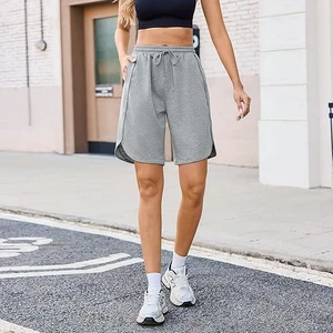 Plus Size Women's Cotton French Terry Breathable Summer Sweat Shorts with Drawstring Mid Waist Pockets for Casual Sports