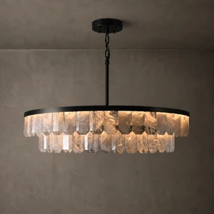Neutral Farmhouse Oval Ceiling Chandelier Layered Glass LED Remote Control Adjustable Height for Staircase Hallway Interior Lamp