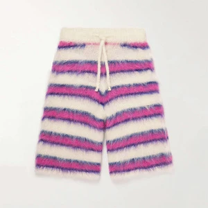Custom Men Knit Shorts Winter Striped Knitted Fuzzy Short Pants Men Knitwear Furry Mohair Sweater Drawstring Knit Trousers