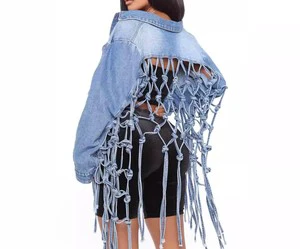 OEM Women's Casual Denim Jacket with Ripped Holes and Frayed Pattern Basic Streetwear Lady Tassel Women Winter Coats