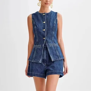 Summer Women's Denim Shorts Suit Sleeveless O-Neck Single Breasted Split Top Vest High Waist Wide Leg Shorts Denim Suit