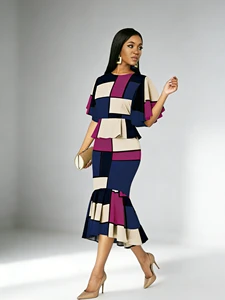 Plus Size Women's Retro Elegant Two-Piece Set-Magenta And Blue Patchwork Summer Casual Office Wear & Formal Occasions