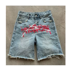 Custom Breathable Summer Casual High Waist Knees Diamonds Embroidered Baggy Men's Denim Shorts