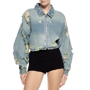 Streetwear Women's Custom Pointed Collar Puffed Sleeves Ripped Effect Denim Jacket Jeans Women's Jacket
