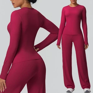 Women's 2-Piece Yoga Set Quick Dry Fitness Seamless Breathable Long Sleeve High Waist Butt Lift Sports Pants Solid Front Logo