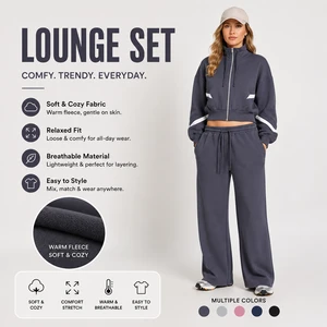 Women Color Block Zip Up Stand Collar Crop Jacket Wide Leg Pants Lounge Set Soft Fleece Casual Two Piece Matching Tracksuits