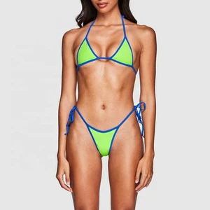 Women's Sexy Triangle Padded Swimsuit Swimwear Neon Blue Edging Backless Bathing Suits Green Tie-up Swimsuits