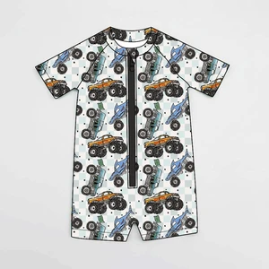 Xinye Custom Toddler Boy Short Sleeve One Piece Zipper Swimsuit Car Pattern Kids Swimwear Child Beach Bathing Suit