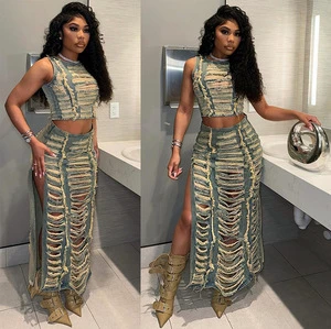Hot Sale Summer Women Sexy Denim Suits Sleeveless Split Long Skirt Two Piece Set Night Club Party Wear Women Slim Fit Denim Suit