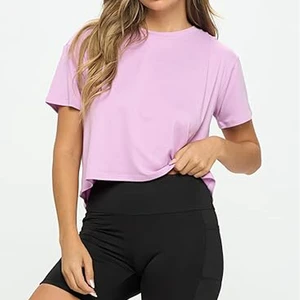 Women's High Stretch Fitness Yoga Top New Workout Tee Running Exercise Neck Slim Rib Crop Short Sleeve Wholesale Sport Fabric
